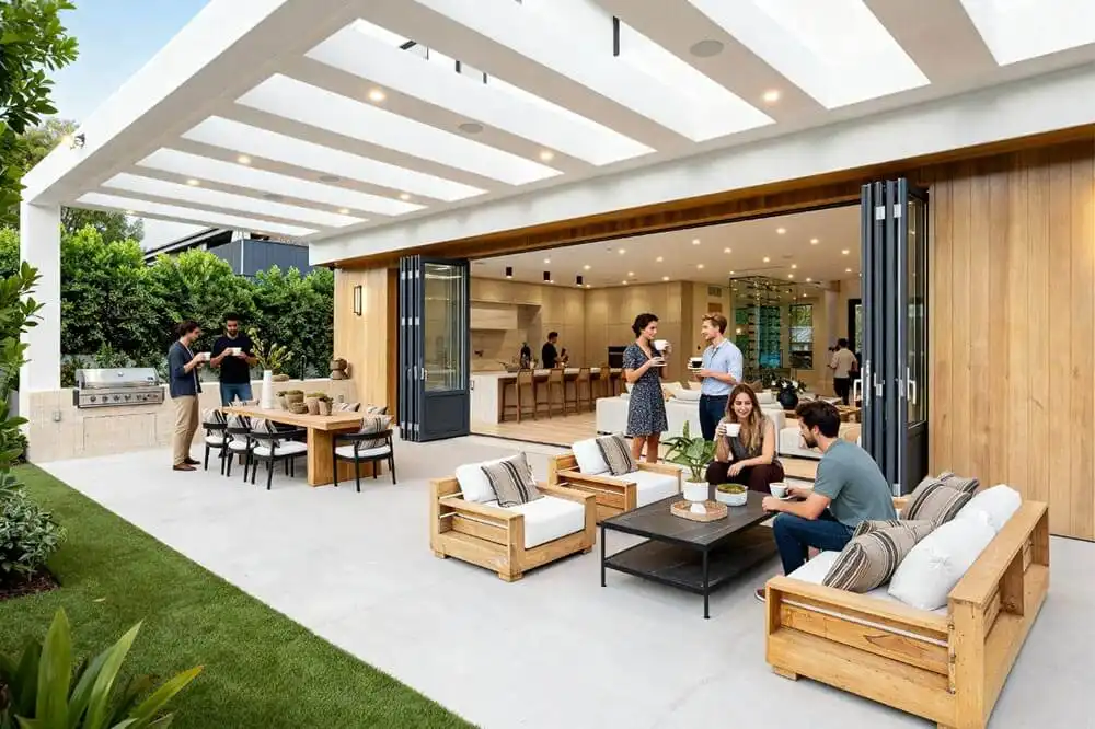 Open folding doors creating seamless flow between dining area and garden terrace