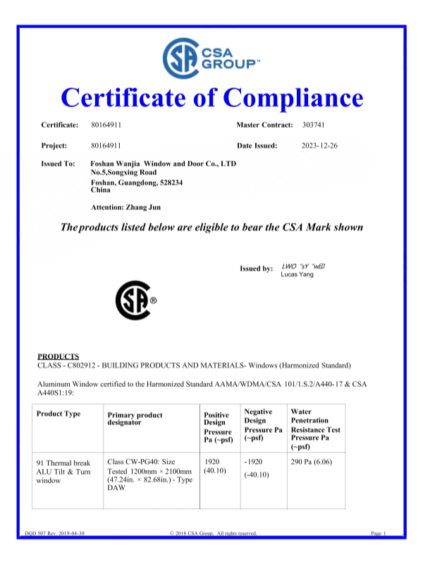 WANJIA CSA group Certificate