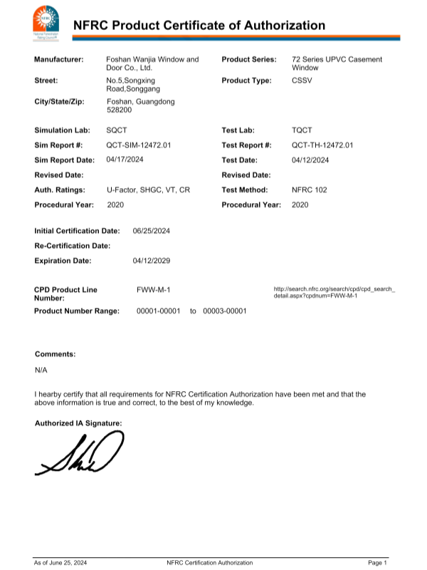 WANJIA NFRC Certificate